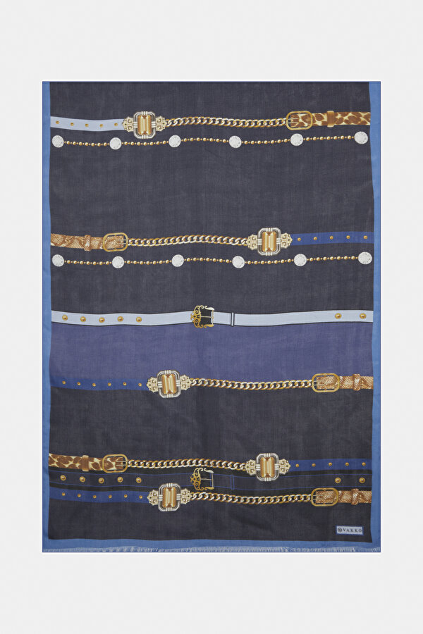 NAVY BLUE GEOMETRIC DESIGN VOILE SATIN SHAWL