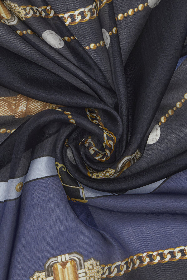 NAVY BLUE GEOMETRIC DESIGN VOILE SATIN SHAWL 2