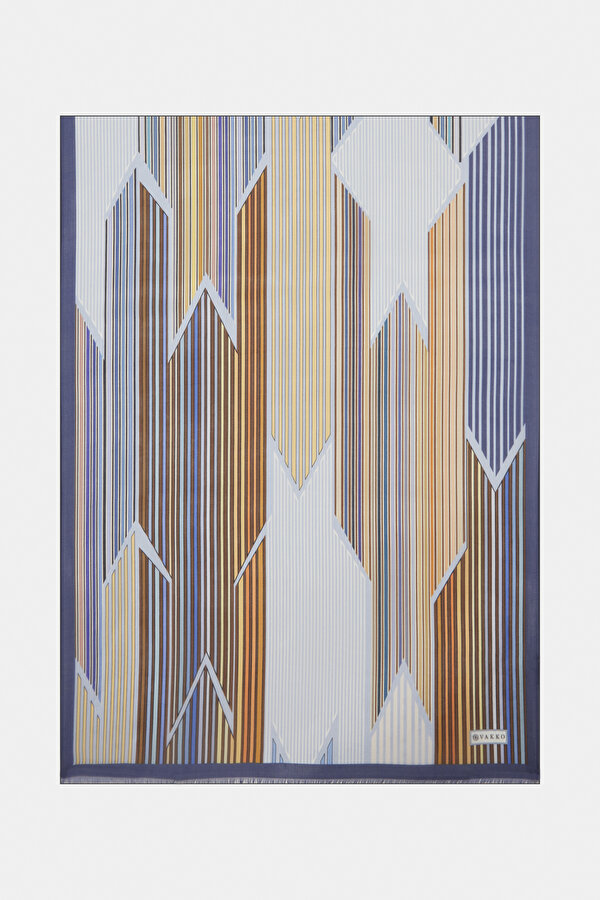 NAVY BLUE GEOMETRIC DESIGN VOILE SATIN SHAWL