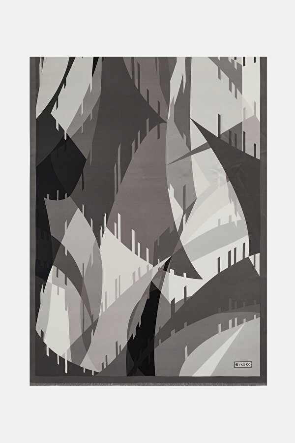 BLACK GEOMETRIC DESIGN CREPE DE CHINE SHAWL