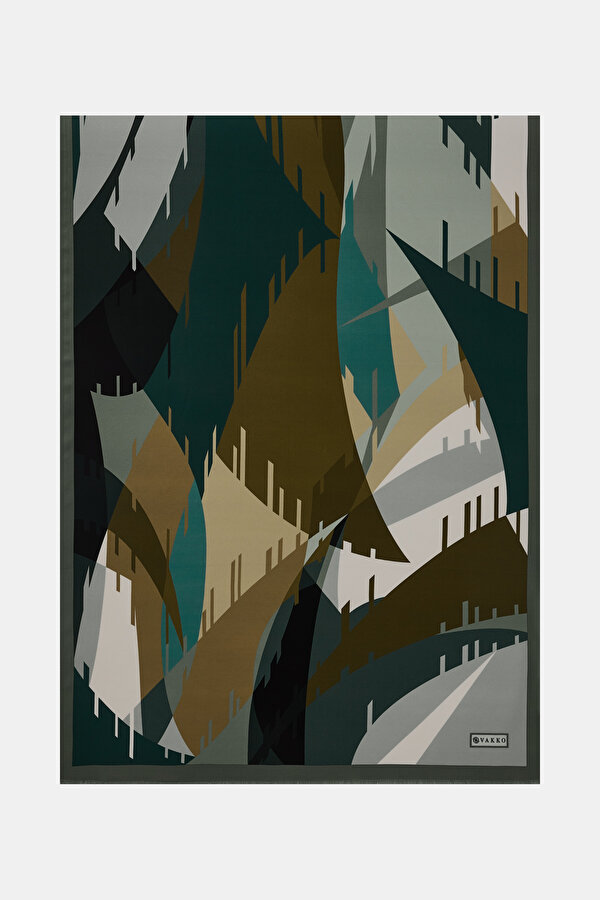 EMERALD GREEN GEOMETRIC DESIGN CREPE DE CHINE SHAWL