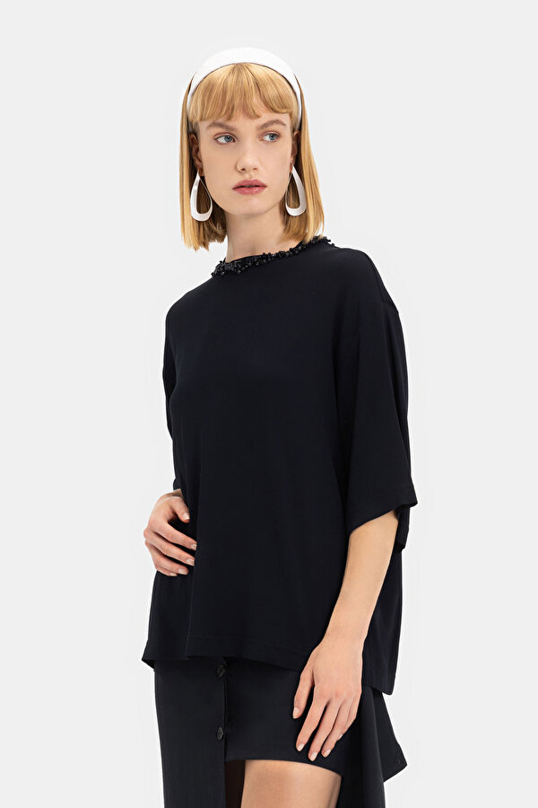 NAVY BLUE BASIC / ROUND NECKLINE 3/4 SLEEVES BLOUSE