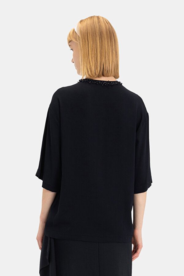 NAVY BLUE BASIC / ROUND NECKLINE 3/4 SLEEVES BLOUSE 2