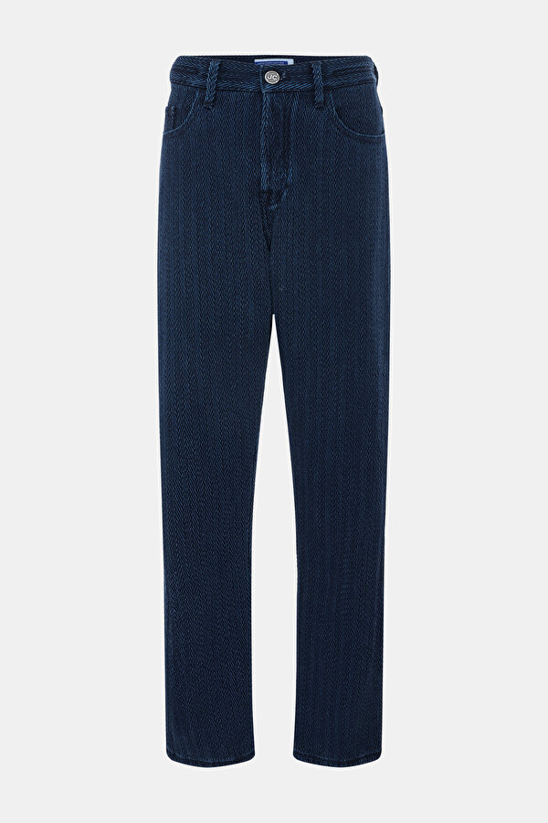 NAVY BLUE HERRINGBONE STRAIGHT CUT TROUSERS