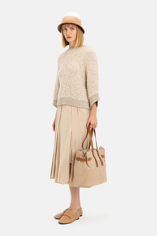 BEIGE VISCOSE/WOOL MIDI SKIRT