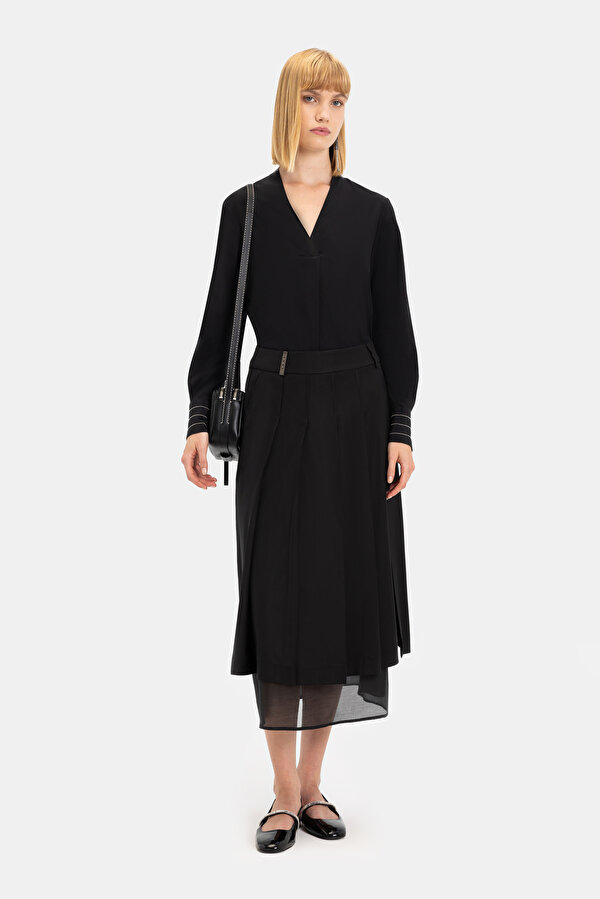 BLACK VISCOSE/WOOL MIDI SKIRT