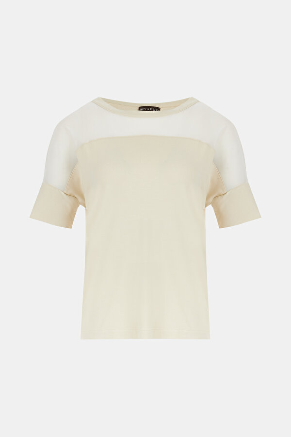 KREM O YAKA KISA KOLLU T-SHIRT
