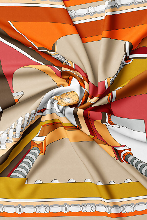 TURUNCU OBJE DESENLİ TWILL EŞARP 2