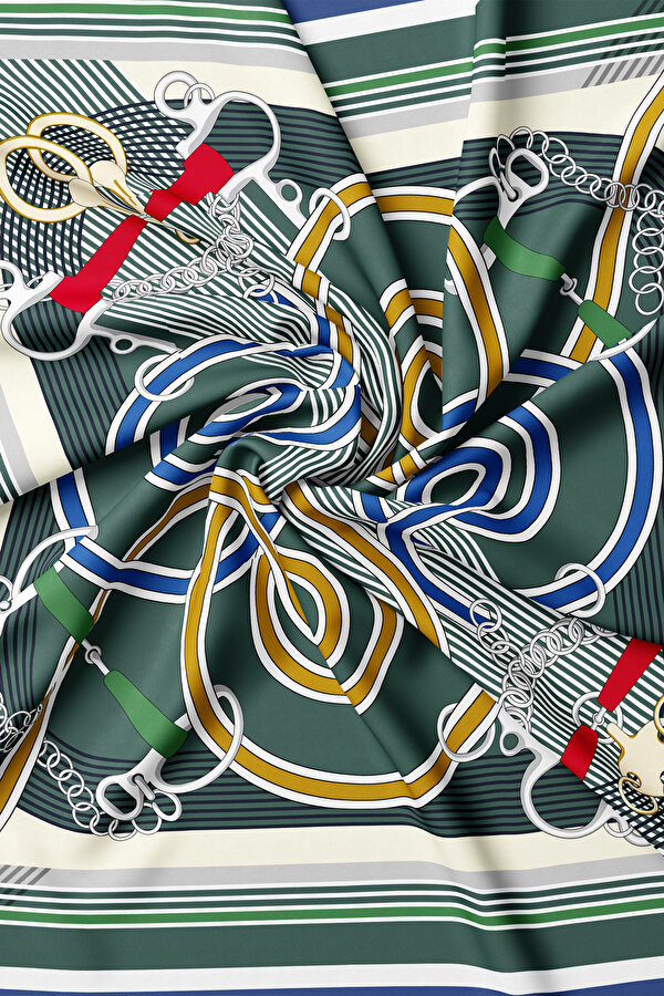 ZÜMRÜT YEŞİLİ GEOMETRİK DESENLİ TWILL EŞARP 2
