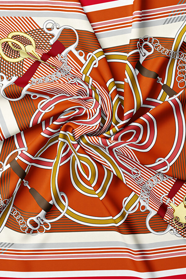 TURUNCU GEOMETRİK DESENLİ TWILL EŞARP 2