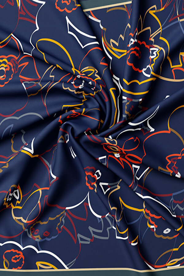 LACİVERT ÇİÇEK DESENLİ TWILL EŞARP 2