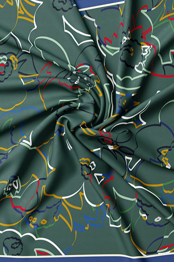 ZÜMRÜT YEŞİLİ ÇİÇEK DESENLİ TWILL EŞARP 2