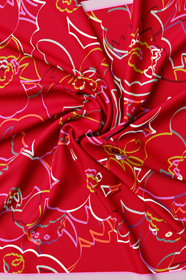 KIRMIZI ÇİÇEK DESENLİ TWILL EŞARP 2