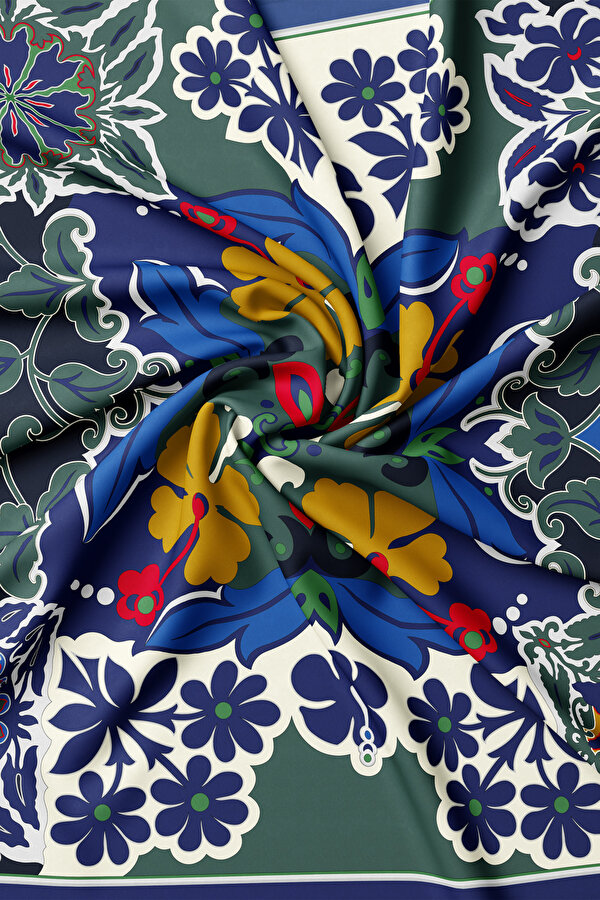 ZÜMRÜT YEŞİLİ ÇİÇEK DESENLİ TWILL EŞARP 2