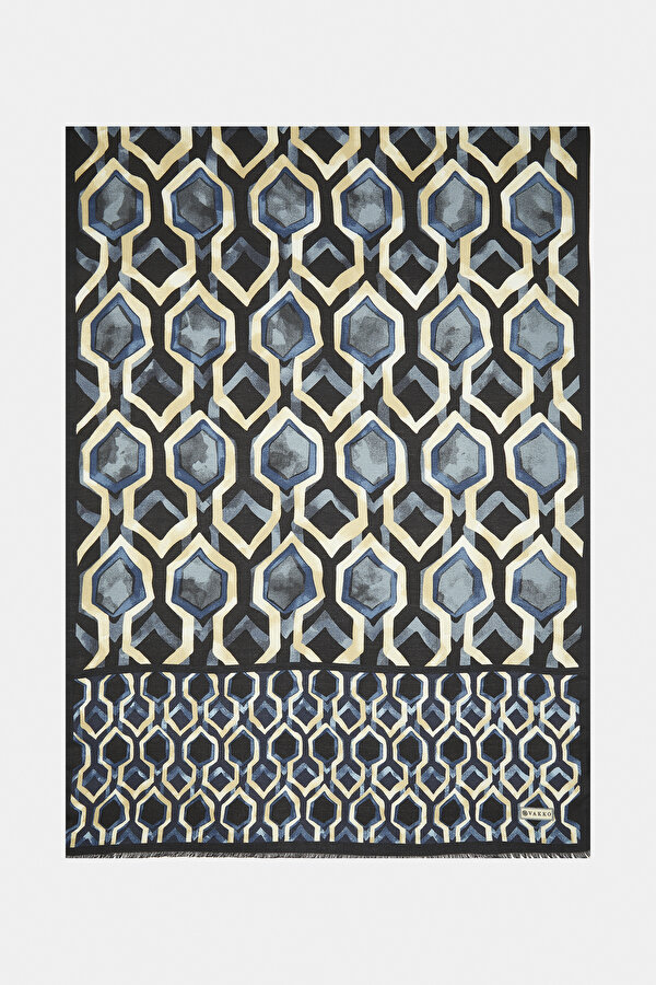 NAVY BLUE GEOMETRIC DESIGN CASHMERE/SILK SHAWL