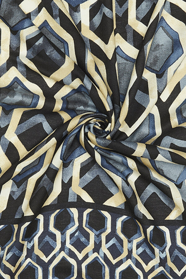 NAVY BLUE GEOMETRIC DESIGN CASHMERE/SILK SHAWL 2