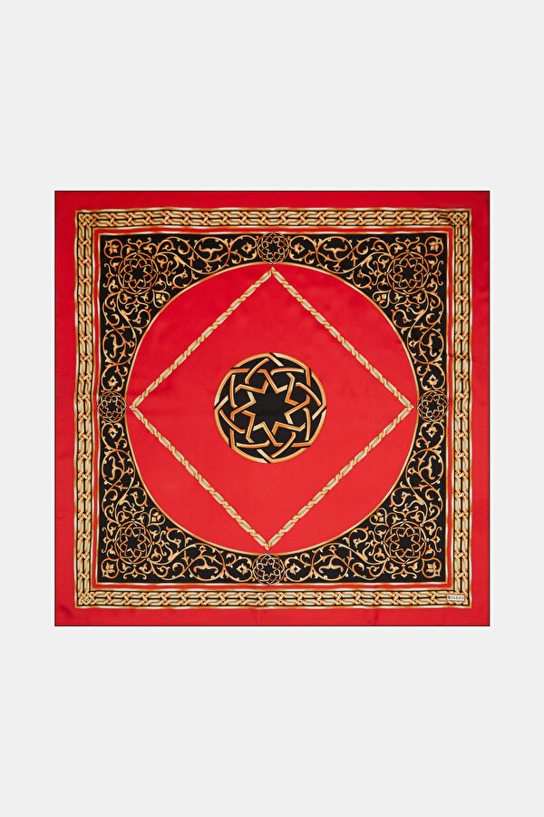 KIRMIZI ETNİK DESENLİ TWILL EŞARP