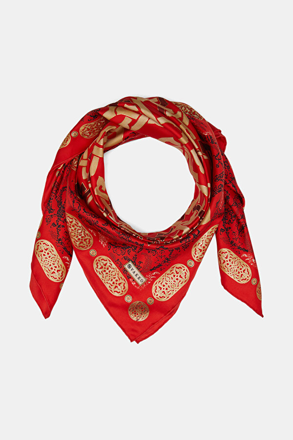 KIRMIZI GEOMETRİK DESENLİ TWILL EŞARP 2