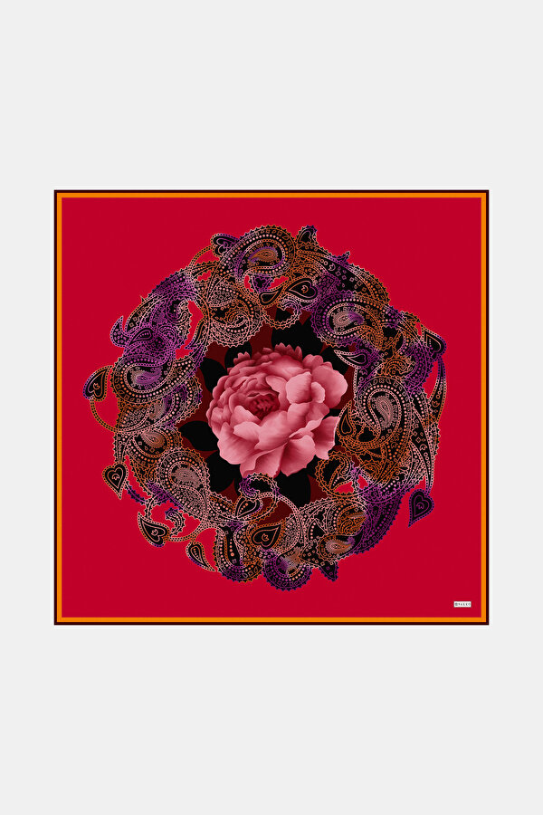 KIRMIZI ÇİÇEK DESENLİ TWILL EŞARP