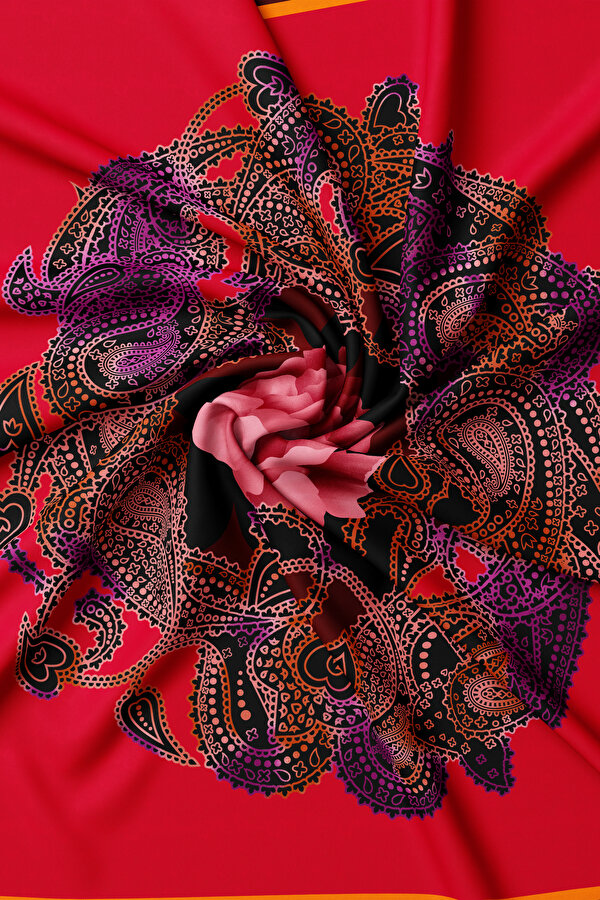 KIRMIZI ÇİÇEK DESENLİ TWILL EŞARP 2