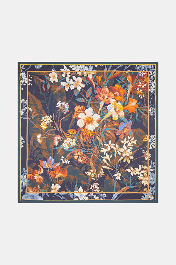 LACİVERT ÇİÇEK DESENLİ TWILL EŞARP