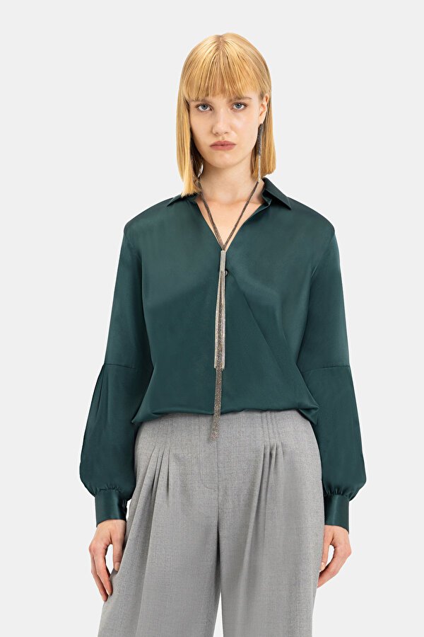 DARK GREEN WRAP LONG SLEEVE BLOUSE