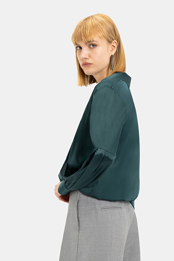 DARK GREEN WRAP LONG SLEEVE BLOUSE 2