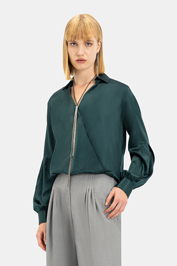DARK GREEN WRAP LONG SLEEVE BLOUSE 6