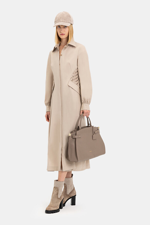 BEIGE LONG SLEEVE MIDI DRESS