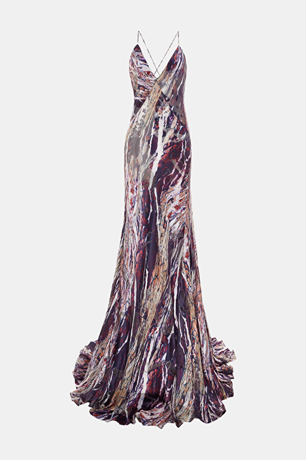 BORDO DESENLİ MAXİ ELBİSE