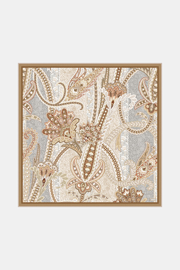 LIGHT BROWN PAISLEY PATTERNED TWILL SCARF