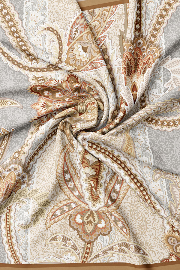 LIGHT BROWN PAISLEY PATTERNED TWILL SCARF 2