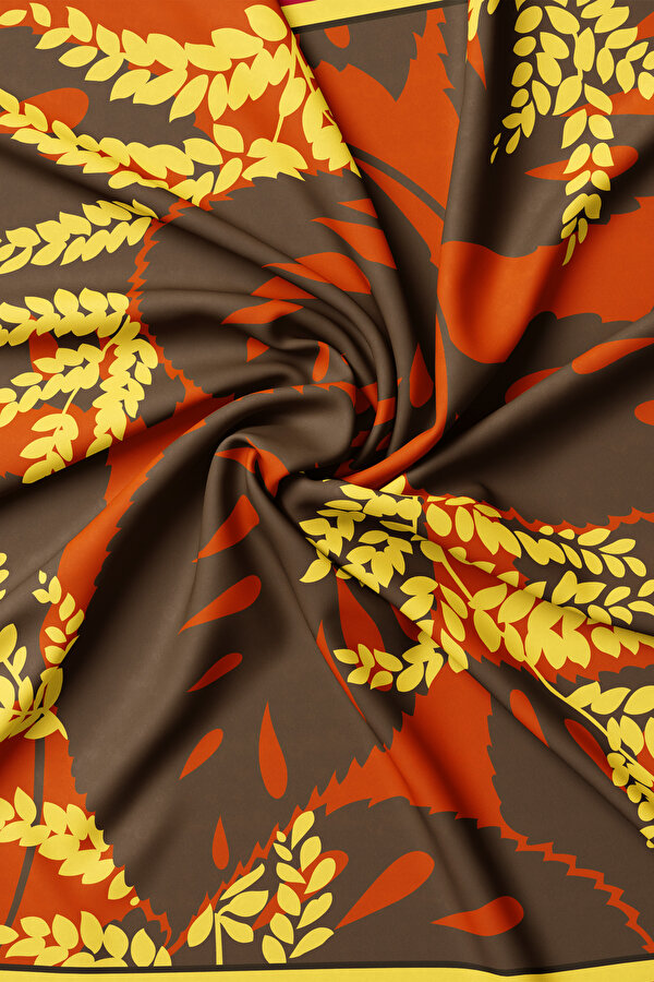 TURUNCU ÇİÇEK DESENLİ TWILL EŞARP 2