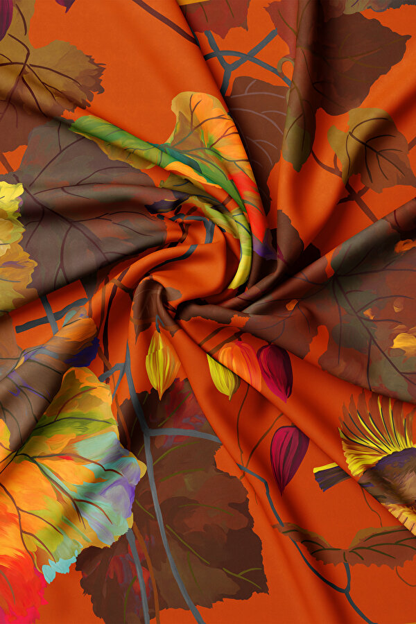 TURUNCU ÇİÇEK DESENLİ TWILL EŞARP 2