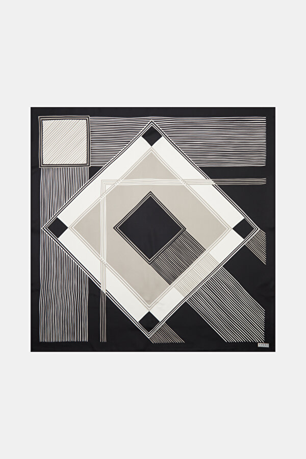 BLACK GEOMETRIC DESIGN TWILL SCARF