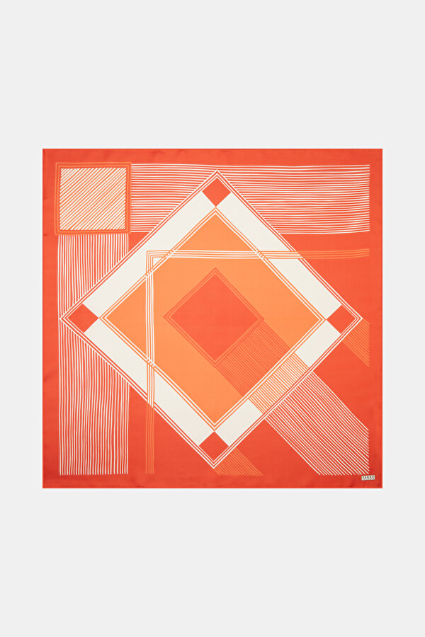 RED GEOMETRIC DESIGN TWILL SCARF