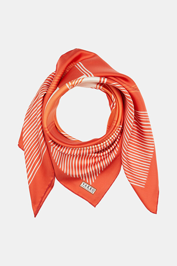 RED GEOMETRIC DESIGN TWILL SCARF 2