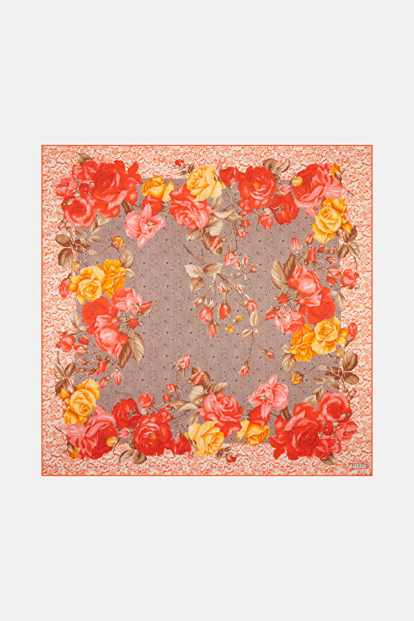ORANGE FLORAL PATTERN TWILL SCARF