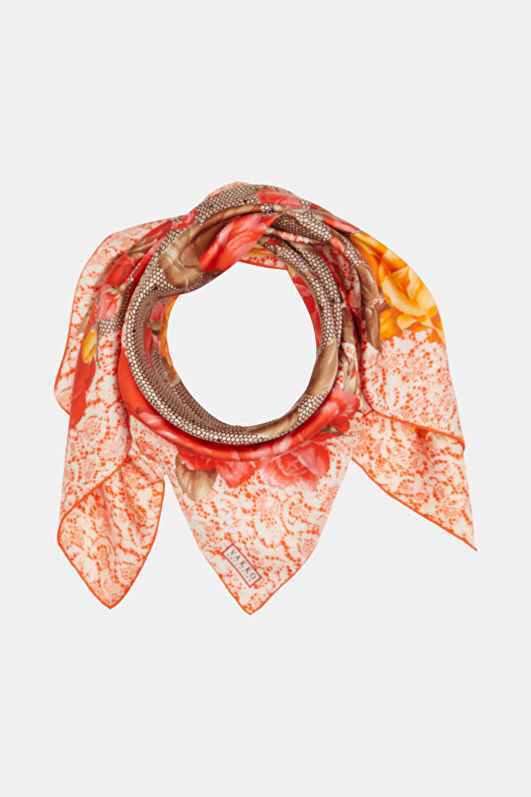 ORANGE FLORAL PATTERN TWILL SCARF 2
