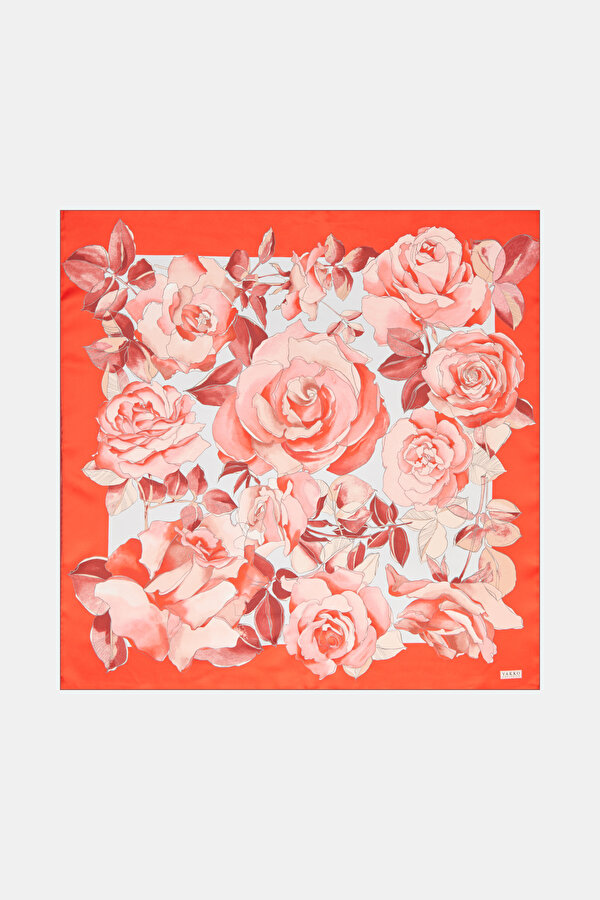 RED FLORAL PATTERN TWILL SCARF