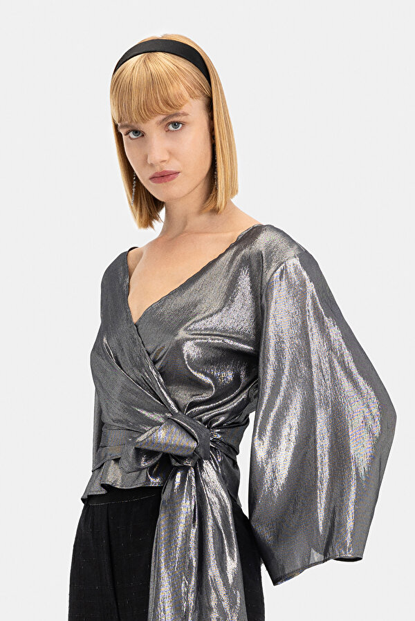 ANTHRACITE V NECK LONG SLEEVE BLOUSE
