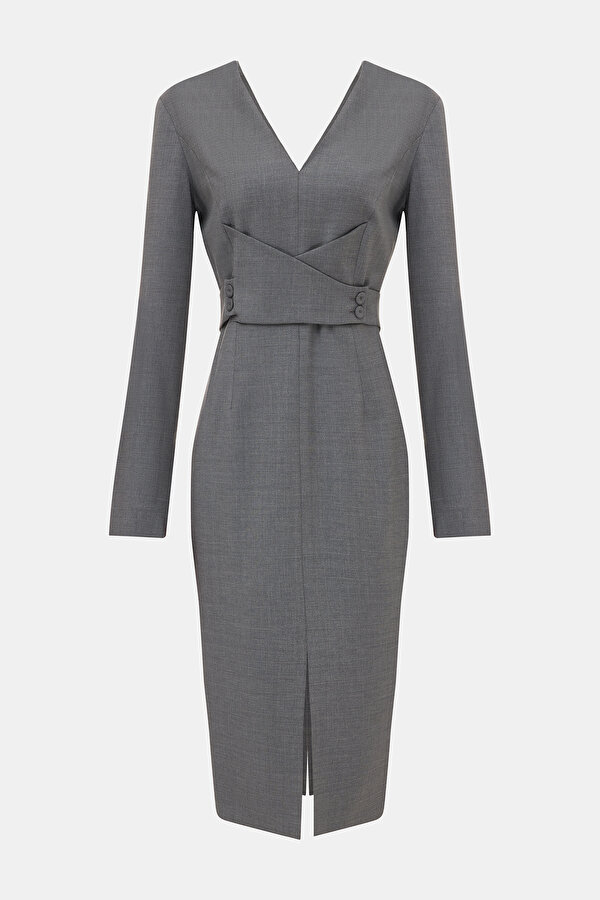GRAY MELANGE LONG SLEEVE BELOW THE KNEE DRESS