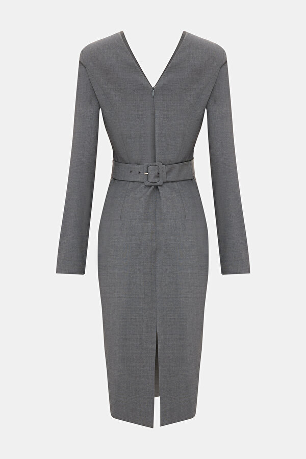 GRAY MELANGE LONG SLEEVE BELOW THE KNEE DRESS 2