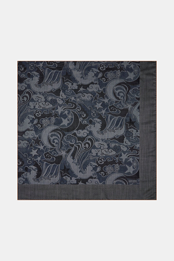 BLUE JACQUARD WOOL/SILK SHAWL