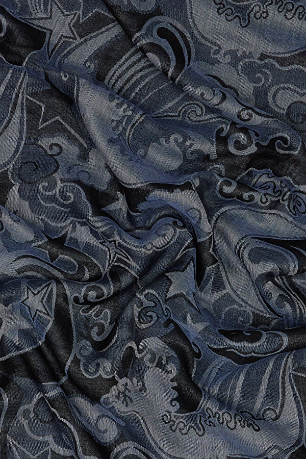 BLUE JACQUARD WOOL/SILK SHAWL 2