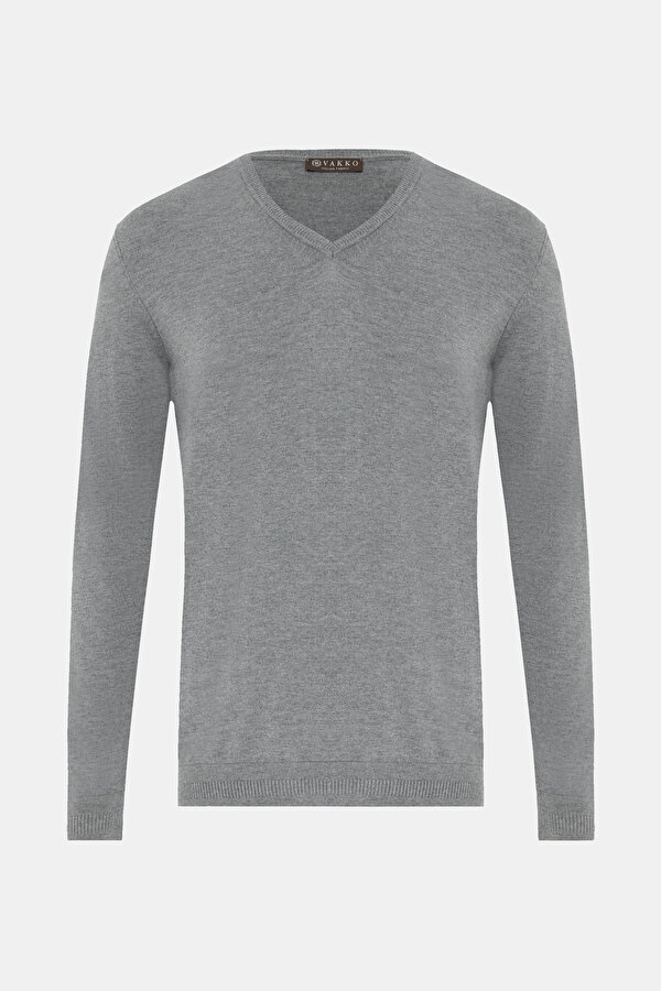 GRAY MELANGE V NECK TRICOT