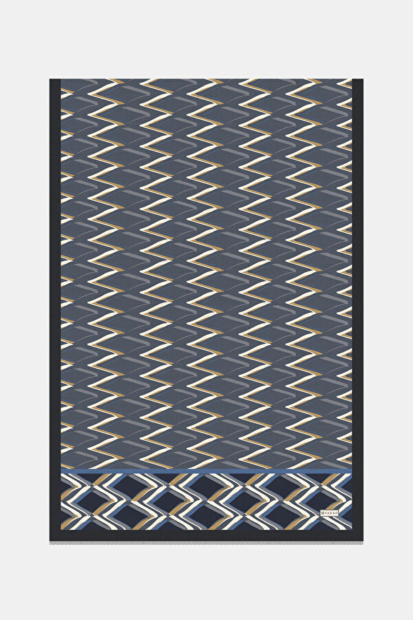 NAVY BLUE GEOMETRIC DESIGN CASHMERE/SILK SHAWL
