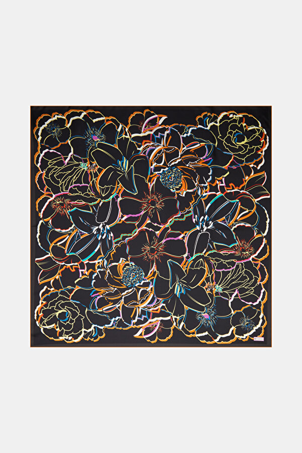 BLACK FLORAL PATTERN TWILL SCARF