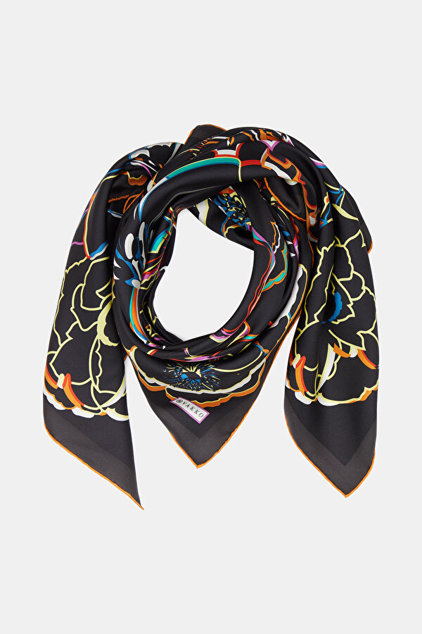 BLACK FLORAL PATTERN TWILL SCARF 2