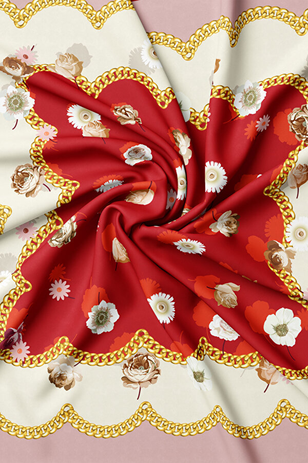 KIRMIZI ÇİÇEK DESENLİ TWILL EŞARP 2